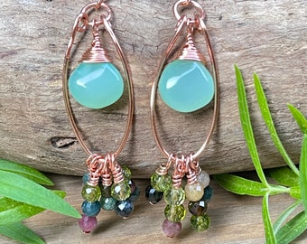 Rose Gold Chalcedony Tourmaline Dangle Earrings