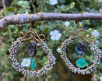 Lavender-Green Seed Bead Hoop Earrings With Abalone  Shell and Calcedony