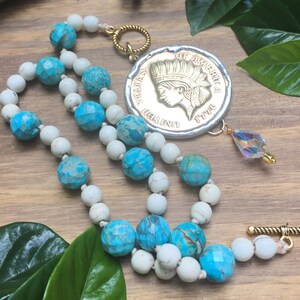 Gold Coin Necklace/Turquoise-White Howlite Necklace/Turquoise Beaded Necklace/Turquoise Jewelry