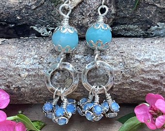 Amazonite Blue Crystal Silver Dangle Earrings/ Blue Amazonite