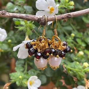 Red Garnet- Freshwater Baroque Pearl-Gold Plated Wire Earrings/ Cluster Dangle Esrrings