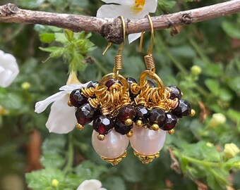 Red Garnet- Freshwater Baroque Pearl-Gold Plated Wire Earrings/ Cluster Dangle Esrrings