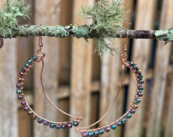Rainbow Hematite Moon Earrings/ Copper Crescent Moon Earrings