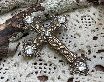 Swarovski Crystal Brass Cross Pendant, Religious Jewelry