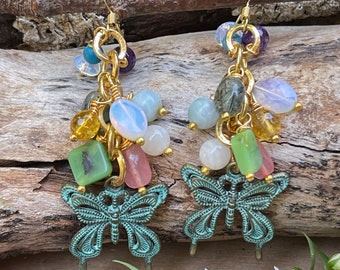 Multi -Gemstone Patina Butterfly Cluster Dangle Earrings