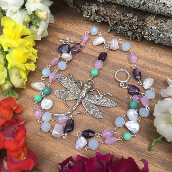 Dragonfly  Necklace/Moonstone, Amethyst, Chrysoprase, Pink Opalite and Pearl Necklace/Large Dragonfly Statement Jewelry/Bereavement Gift