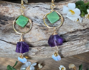 Amethyst, Moonstone, Chrysoprase, Gold Dangle Earrings