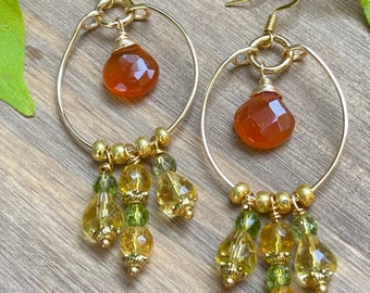 Carnelian, Citrine, Green Crystal Quartz Dangle Earrings