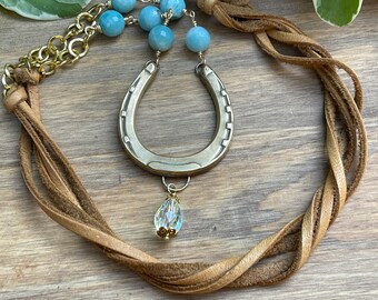 Blue Amazonite Leather Necklace with Horseshoe Pendant