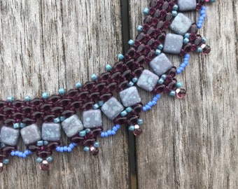 Transparent Purple, Marbled Grey, and Periwinkle Cleopatra Necklace: woven, handmade, beaded necklace