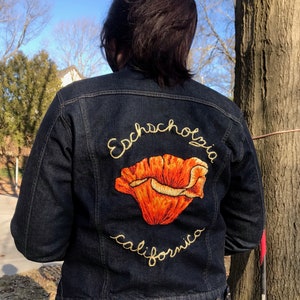 Hand Embroidered and Beaded Jean Jacket with a California Poppy (Eschscholzia californica): woven, handmade, embroidered jacket
