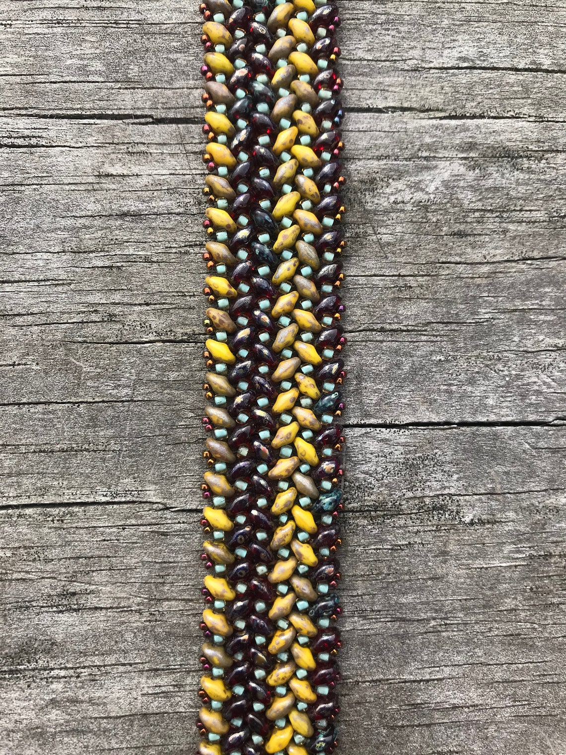 Mottled Yellow and Dark Red Superduo Herringbone Bracelet: Woven ...