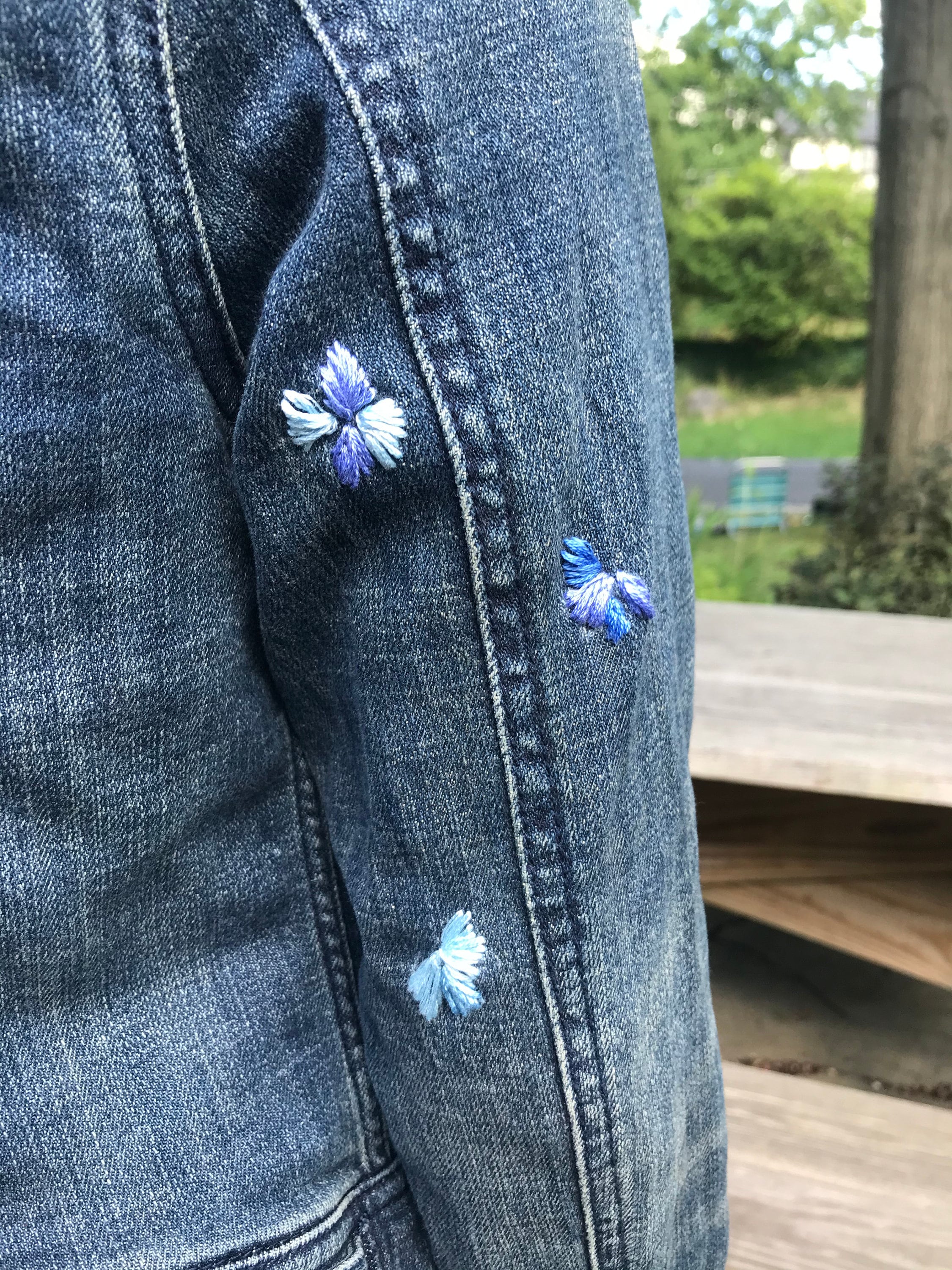 Hand Embroidered and Beaded Jean Jacket With Blue Hydrangeas