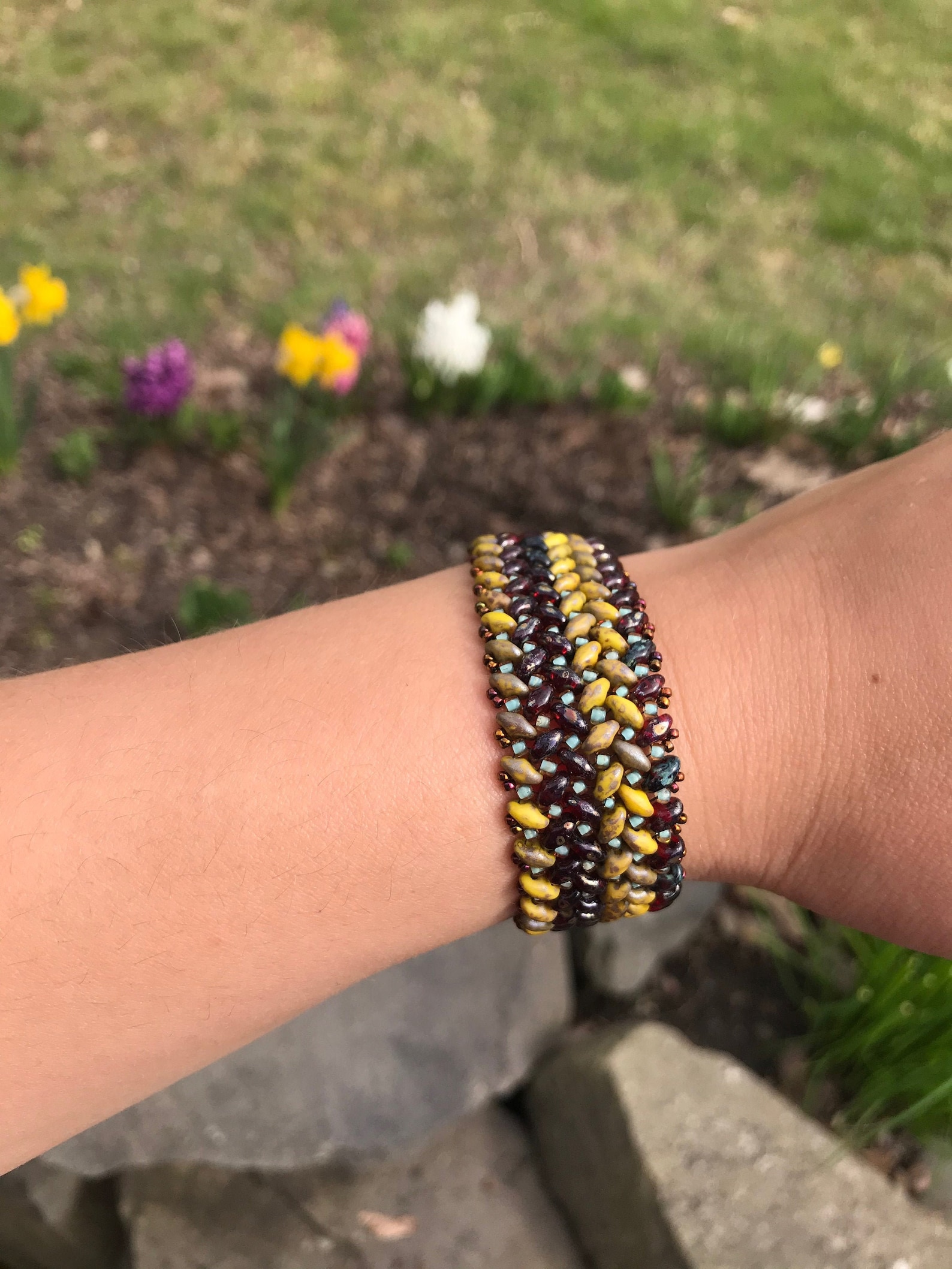 Mottled Yellow and Dark Red Superduo Herringbone Bracelet: Woven ...