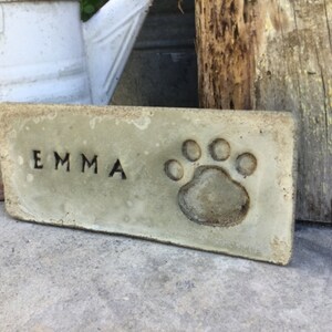 May include: A rectangular, light green concrete memorial plaque with the name "EMMA" engraved in black lettering and a paw print in the center.