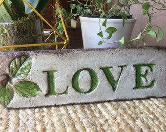Concrete Garden Stone: LOVE Decor with Leaves (10 1/2 x 3)