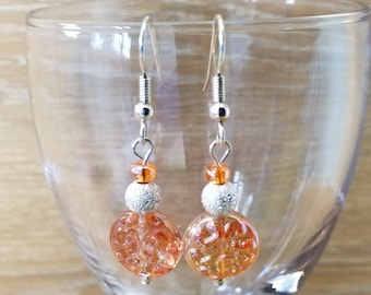 orange glass beads earring silver plated