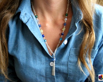 Sea blue green glass beads mix silver chain necklace tassel also available in peach