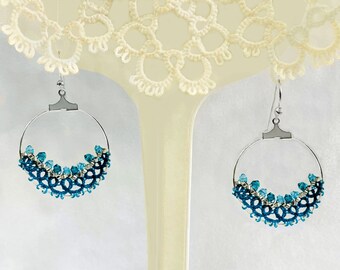 Aqua Blue Swarovski Crystal Pool Hand Tatted Earrings on Sterling Silver Wires.
