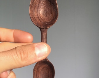 Hand carved, natural walnut, wooden double coffee & sugar scoop