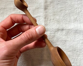 Hand carved, cherry, wooden coffee & sugar scoop