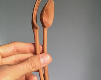 Hand carved + steam bent, natural cherry wooden utensil set for kids