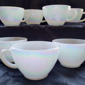Set 7 Rare Federal Glass Tea Cup Heat Proof Moonglow Opalescent Pearl Lustre White Milk Glass Iridescent Rainbow Serveware Art Home Decor