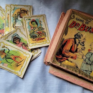 The Game of Dr. Busby Antique Milton Bradley Caricature Lithographs Boxed Original Matching Card Game Collectible