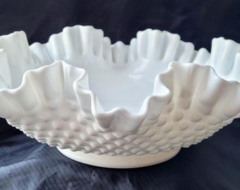 Large Fenton Hobnail White Milk Glass Bowl Double Crimped Ruffled Centerpiece Large Serving Dish Collectible Art Decor Display