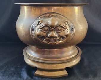 Large Antique Chinese Foo Dog Ceremonial Incense Burner Pot Censer