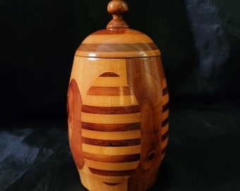 Vintage Hand Turned Multi Mixed Woods Hand Carved Wooden Inlay Lidded Jar Wood Art Decor