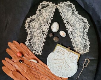 Ladies Antique Accessories Set Collar Left Facing Cameo Leather Gloves Purse Hatpins Buttons Shoe Button Hook Collectible Art Decor Display