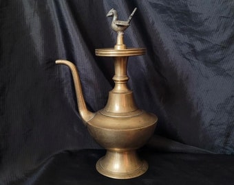 Newari Brass Peacock Bird Finial Ewer Pot Ceremonial Pitcher Nepalese Serveware Art Decor Display
