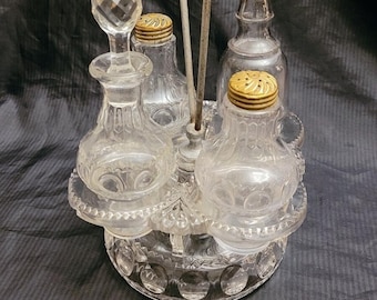 Antique Cruet Castor Set Condiment Bottles Shakers Glass Caddy Stand Dining Serveware Decor Collectible