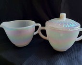 Rare Federal Glass Creamer Lidded Sugar Set Heat Proof Moonglow Opalescent Pearl Lustre White Milk Glass Iridescent Rainbow Art Home Decor