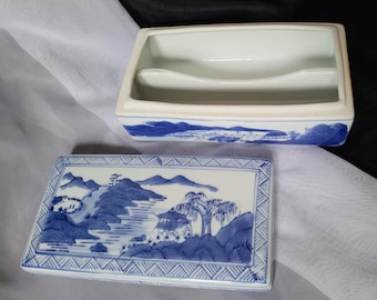 Chinese Blue Qianlong Lidded Divided Trinket Keepsake Box Scenic Landscape Asian Art Decor Collectible