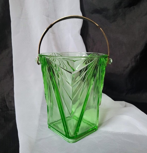 RARE Indiana Glass Pyramid Green Vaseline Ice Bucket Ornate Metal