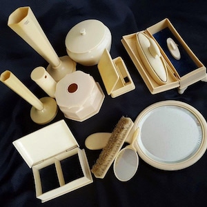 Vanity Set of French Ivory Py-Ra-Lin Vases Mirrors Powder Hinged Boxes Hair Receiver Keeper Nail Brushes Celluloid Boudoir Collection