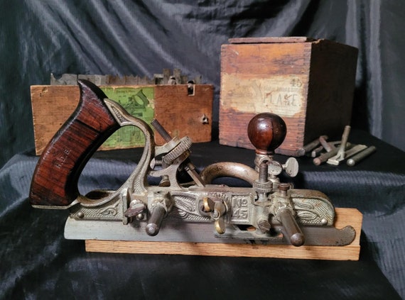 Antique Stanley No. 45 Combination Plane Plow Dado Cutters Rods