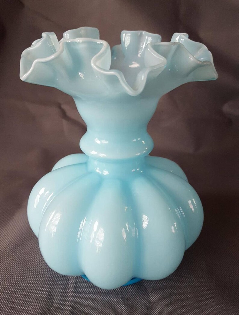 Vintage Fenton Blue Overlay Beaded Melon Vase Double Ruffled Etsy