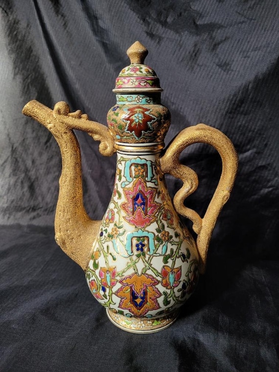 Antique Hungarian Fischer J. Budapest Lidded Ewer Teapot Pitcher 