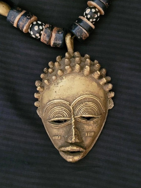 Brass African Mask Necklace Beaded Tribal Pendant… - image 2