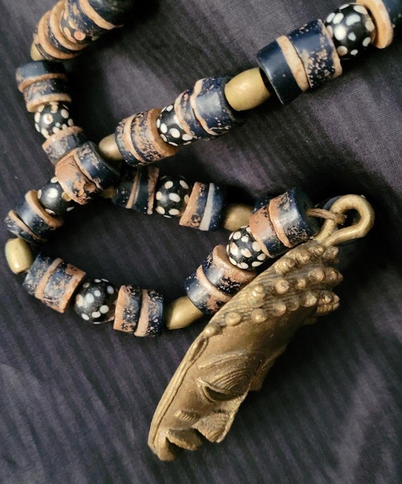 Brass African Mask Necklace Beaded Tribal Pendant… - image 6