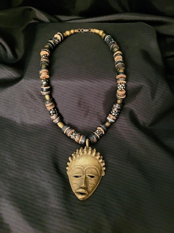 Brass African Mask Necklace Beaded Tribal Pendant… - image 1