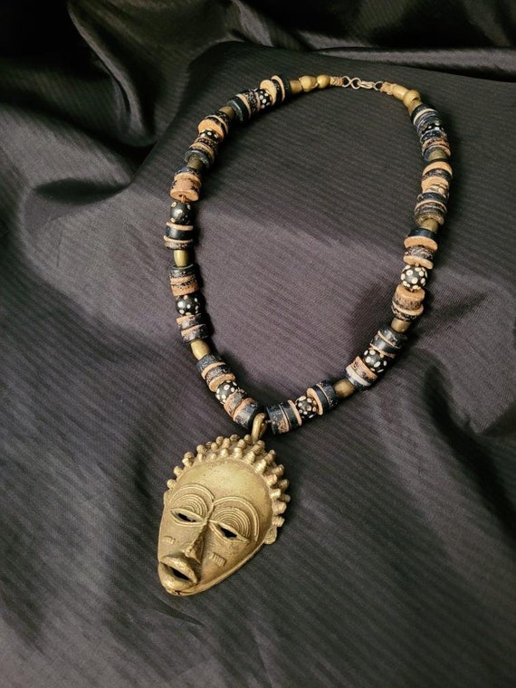 Brass African Mask Necklace Beaded Tribal Pendant… - image 8