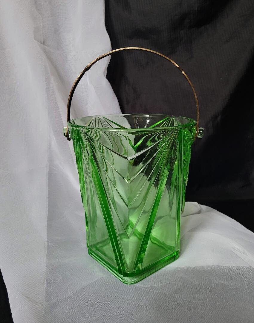 RARE Indiana Glass Pyramid Green Vaseline Ice Bucket Ornate Metal