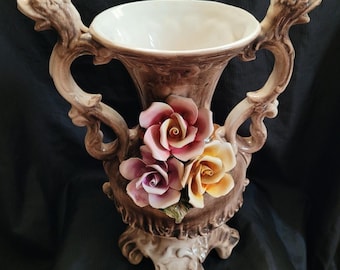 Capodimonte Floral Vase Double Bird Handles Ornate Italian Art Decor Centerpiece Display
