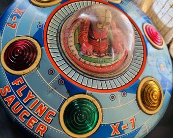 1950s Modern Toys Flying Saucer X-7 Kids Japanese Tin Litho 1950s Modern Toys Flying Saucer X-7 Kids Japanese Tin Litho