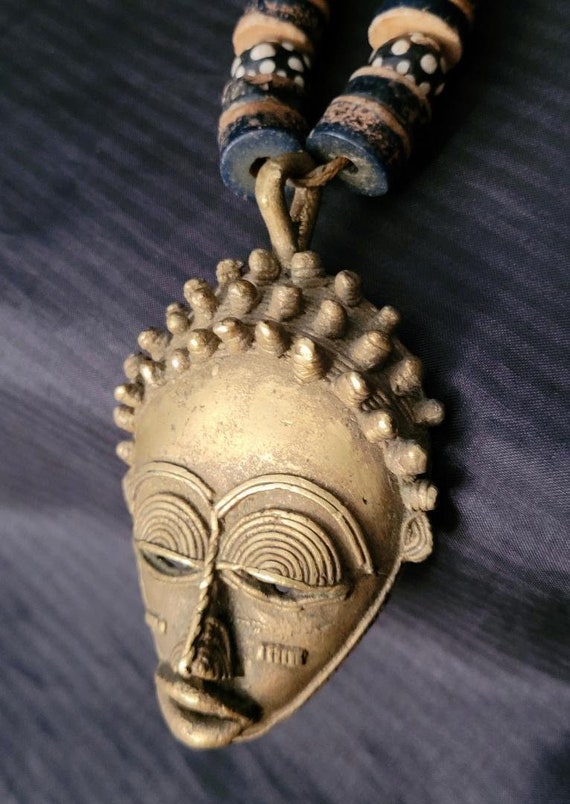 Brass African Mask Necklace Beaded Tribal Pendant… - image 4