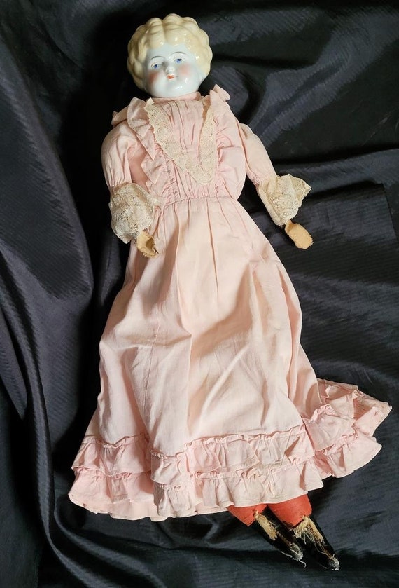 Large Antique China Doll Blonde Head Bust Cloth Body Heirloom